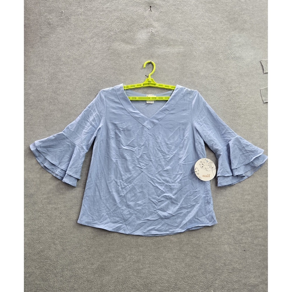 Naif Women Shirt XL Blue V-Neck Pullover Bell Sleeve NWT